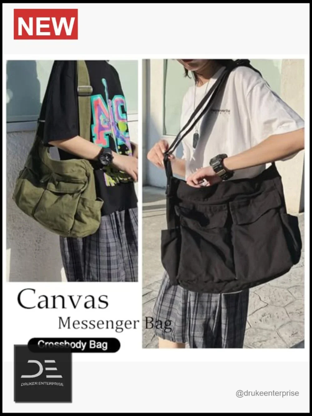 Canvas Messenger Bag Large Hobo Crossbody Shoulder Tote with Pocket